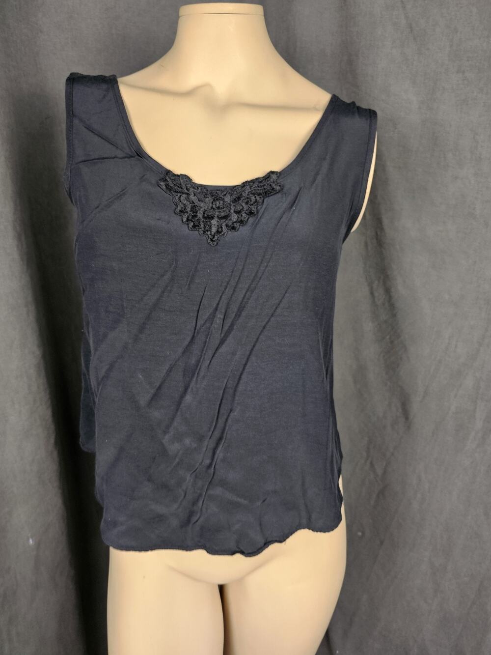 Vintage 90s Whimsigoth Tank Top Medium Black Lace Applique Blouse Acetate USA